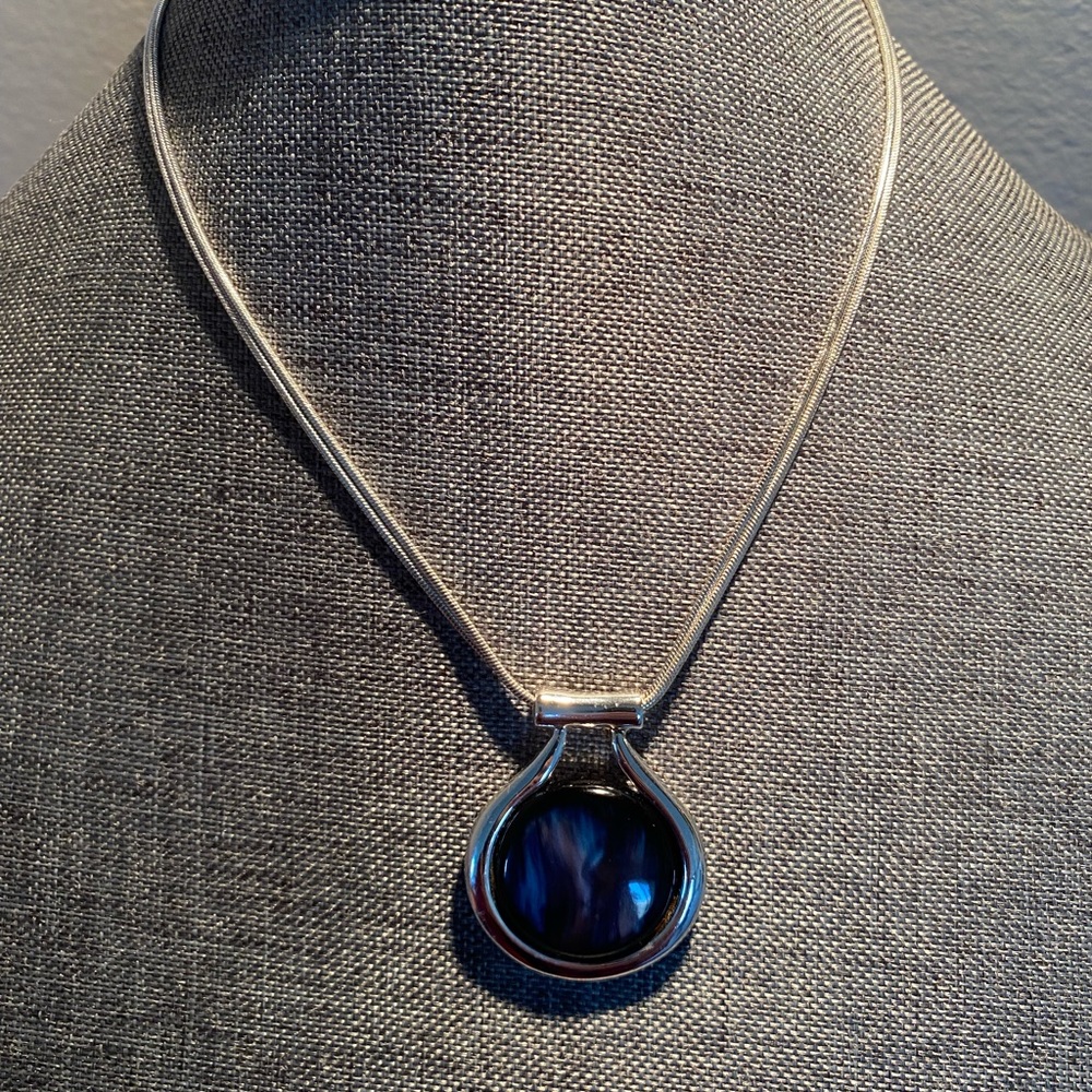 KC Pendant Necklace - Faux Moonstone Silver Tone Cobra Chain Necklace